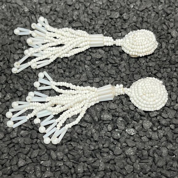 Vintage Native American Handmade White Beaded Clip-On Tassel Earrings - Picture 2 of 5